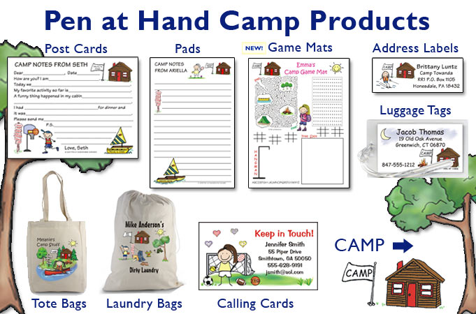 Camp Pads, Camp Calling Calling, Camp Game Mats, Camp Laundry Bags,Camp Luggage Tags, Camp Post Cards